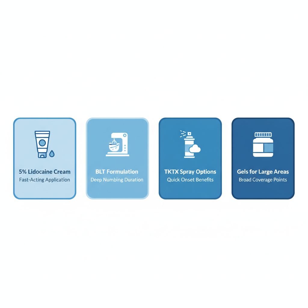 Infographic illustrating four types of numbing creams suitable for tattoo removal: 5% Lidocaine Cream, BLT Formulation, TKTX Spray, and large area gels with icons and key benefits.