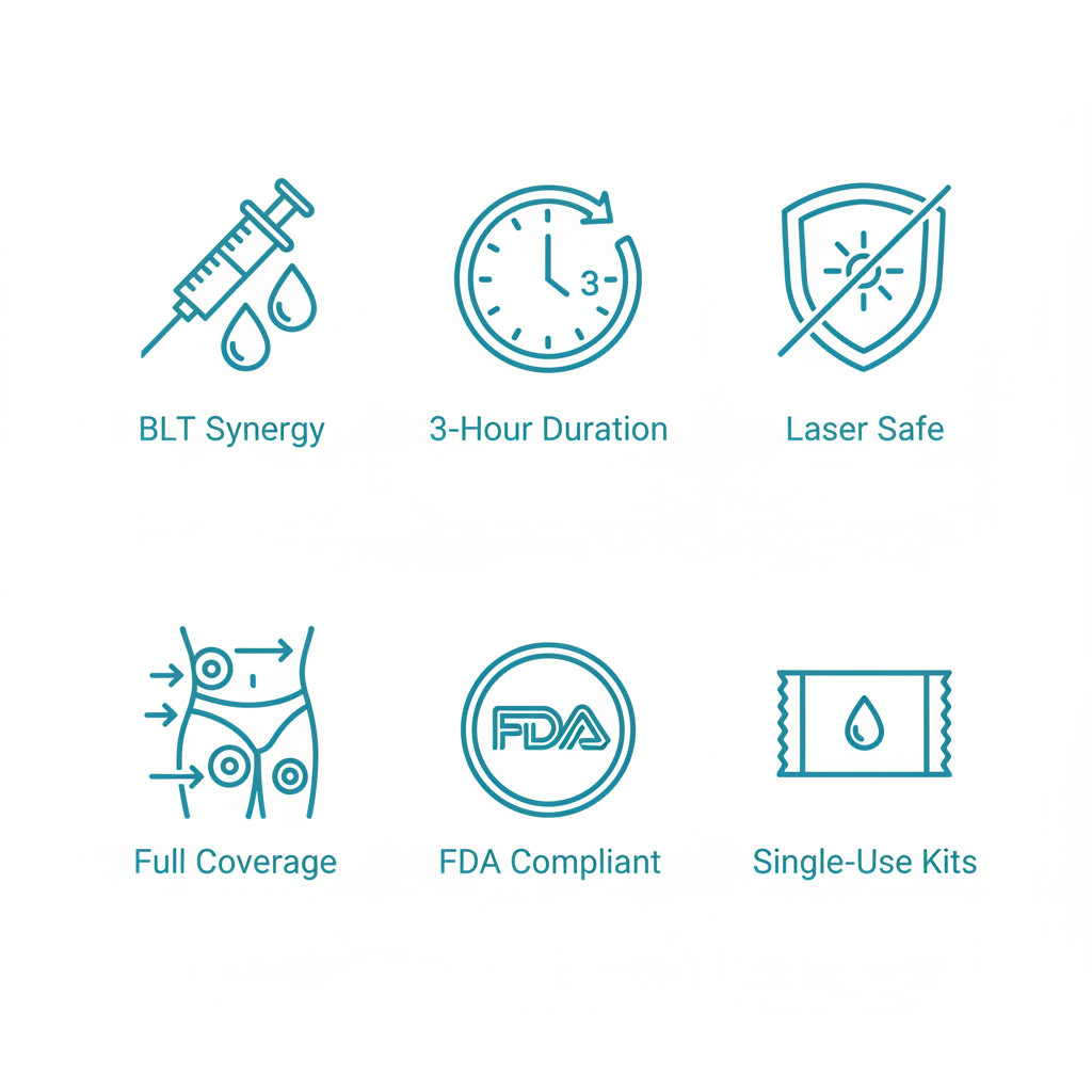 Set of icons highlighting benefits of BLT topical numbing cream for extended tattoo removal sessions